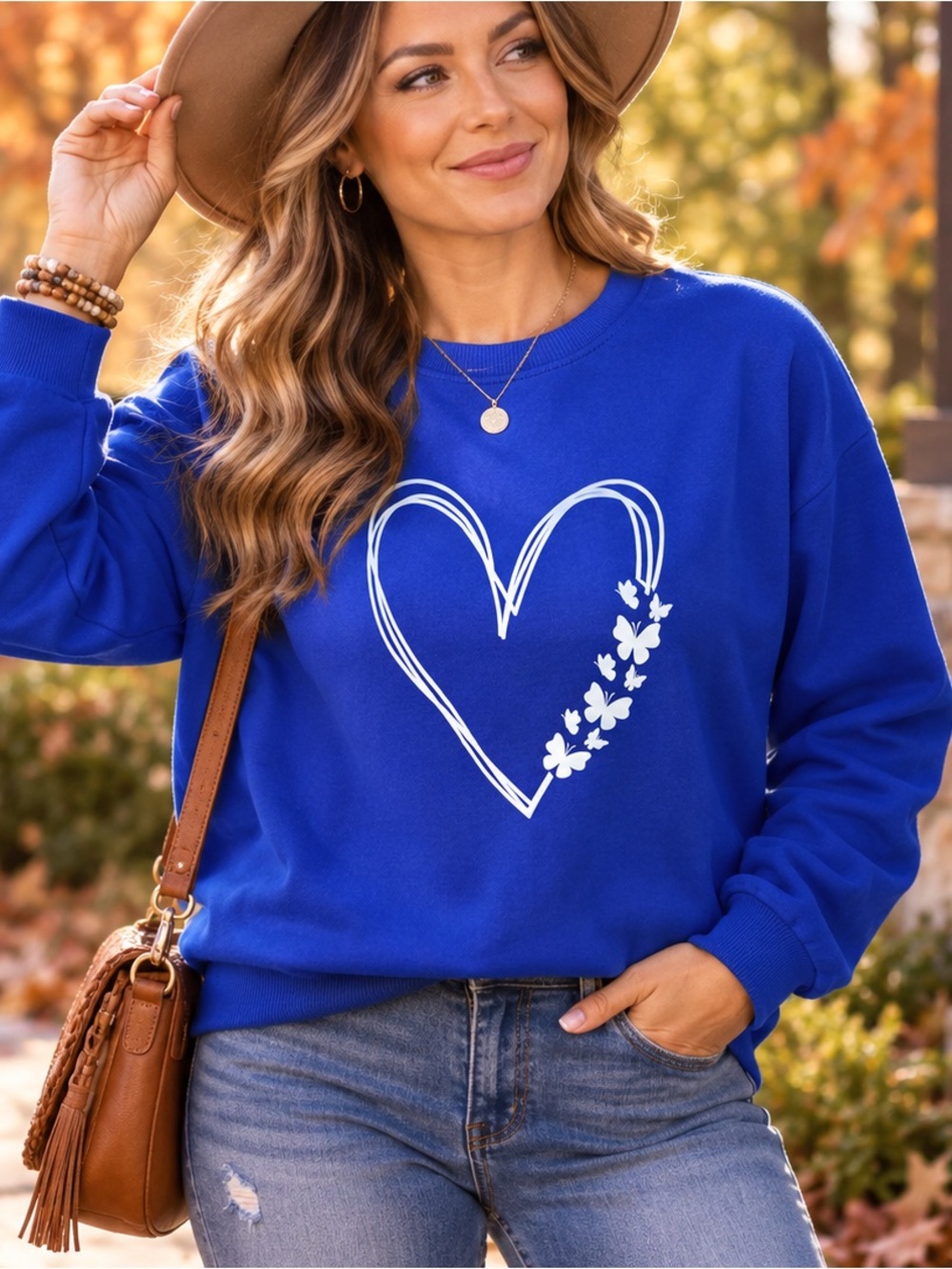 Cobalt Blue Heart Butterfly Graphic Crewneck Sweatshirt Size L